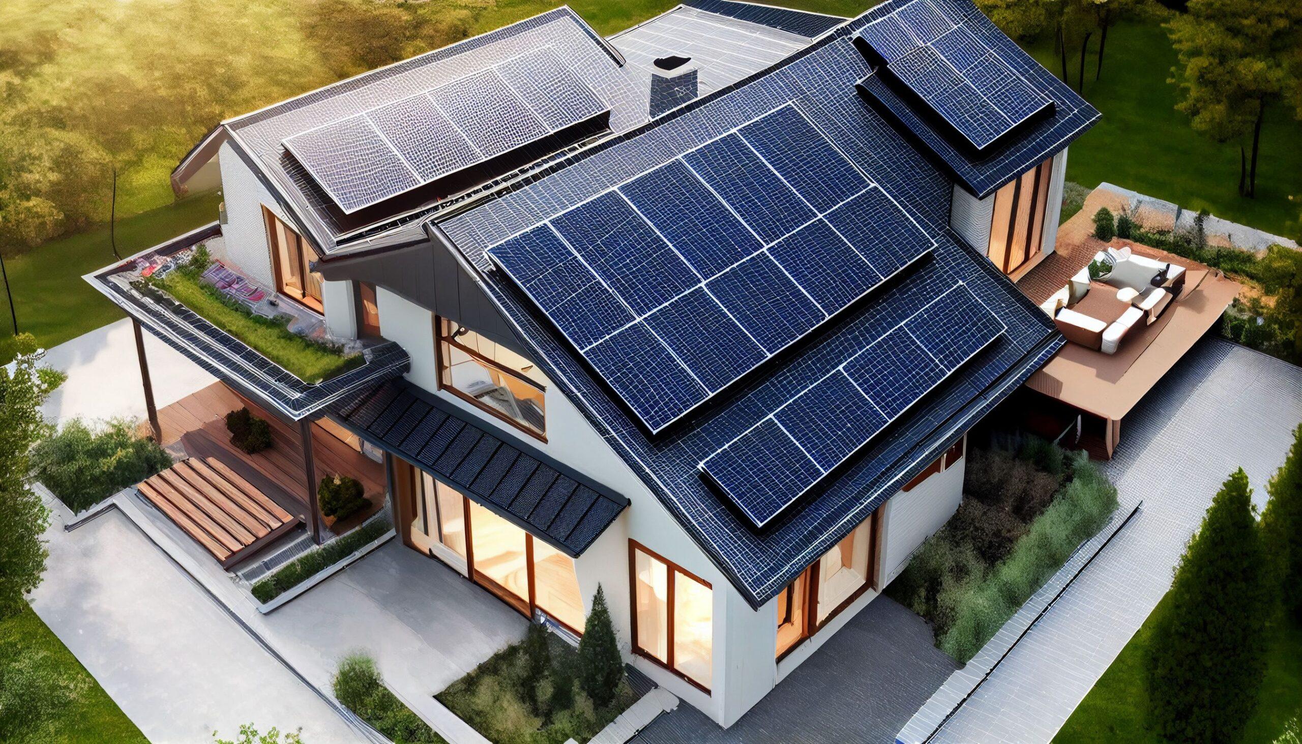 Ein von Ai erzeugtes Bild von oben auf ein Haus mit Photovoltaik-Solarpaneelen auf dem Dach, die sauberen Strom liefern