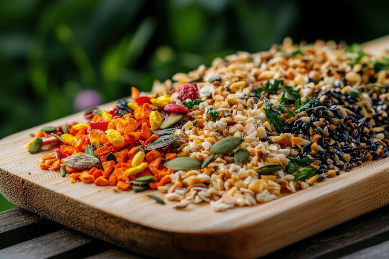 Eine bunte Mischung aus Sonnenblumenkernen, Nüssen und getrockneten Früchten – hochwertiges Vogelfutter für Wildvögel.