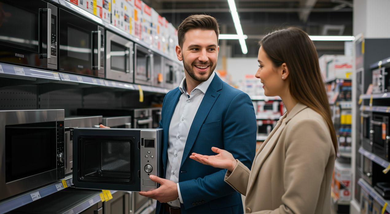 Zwei Personen vergleichen Kuechengeraete in einem Fachmarkt und diskutieren Optionen neben der Druck Friteuse
