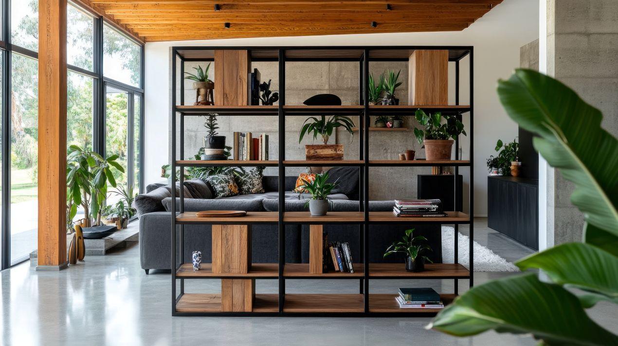 Stilvolles Wohnzimmer mit Raumtrenner in Form eines offenen Regals mit integrierten Pflanzen