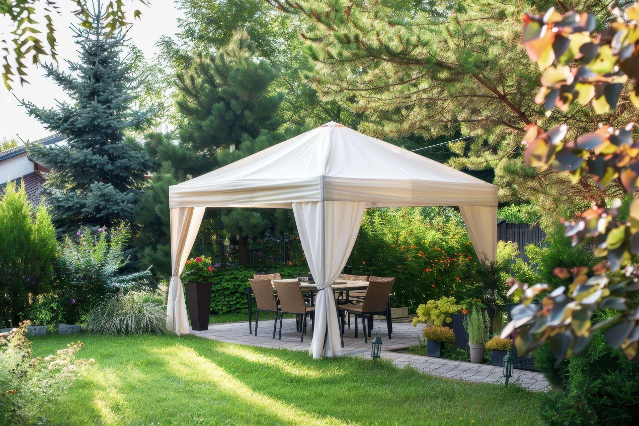 Weißer Gartenpavillon mit Vorhängen und Essplatz im blühenden Garten – Inspiration für gemütliche Gartenpavillons im Freien.