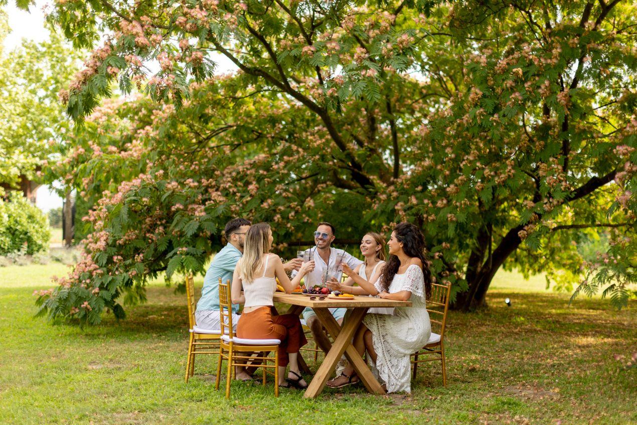 Freunde essen gemeinsam unter einem blühenden Baum – natürliche Gartenidylle, ideal ergänzt durch schattenspendende Gartenpavillons.