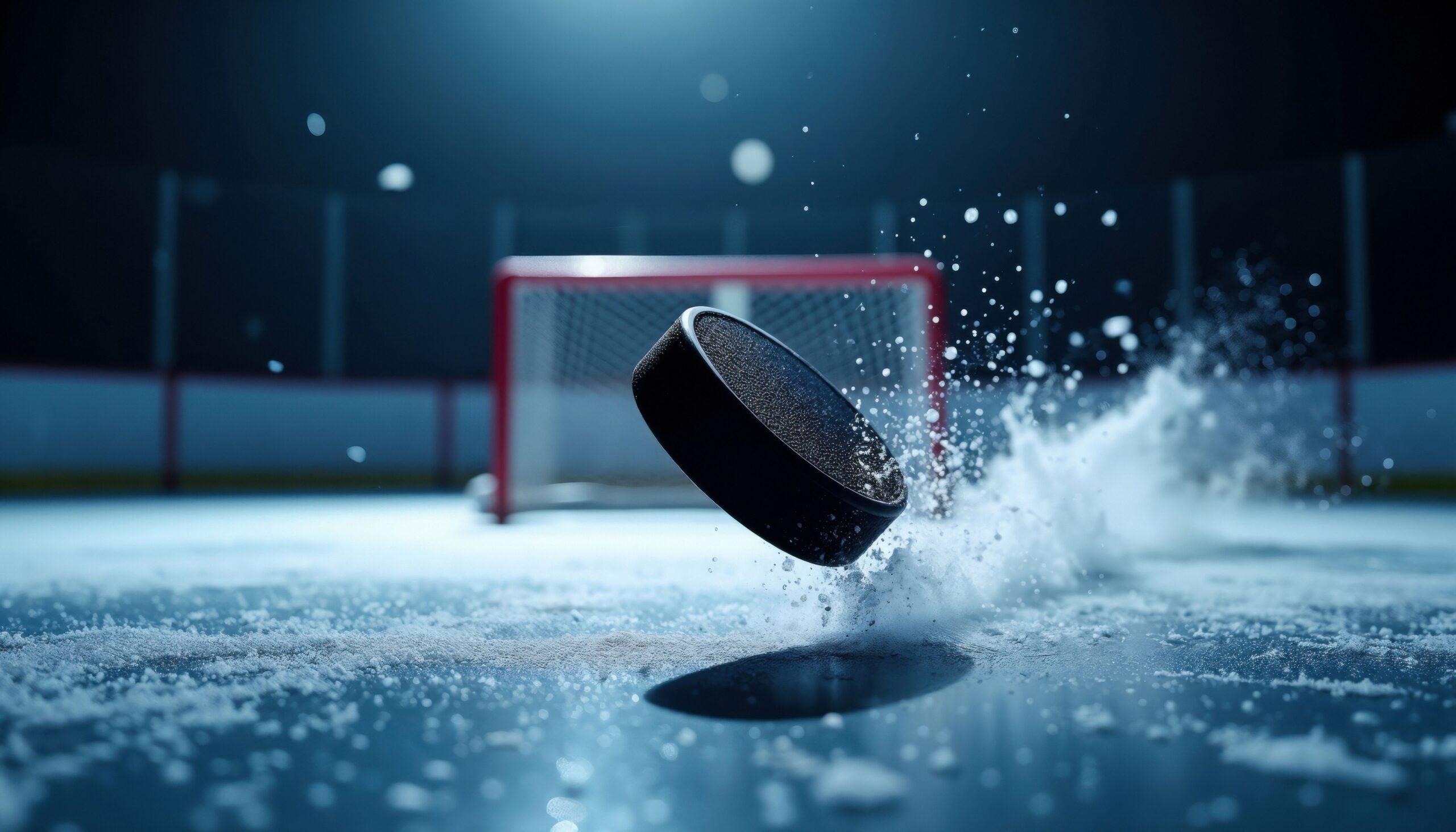 Eishockey Puck in Bewegung mit Eis und Tor im Hintergrund