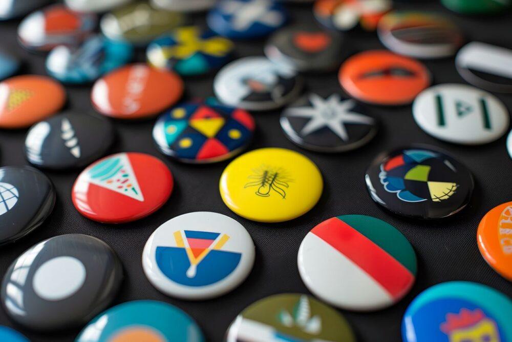 buttons selbst gestalten mit bunten, individuellen Motiven auf schwarzem Stoffhintergrund als kreative DIY-Idee