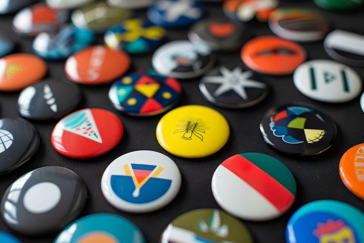 buttons selbst gestalten mit bunten, individuellen Motiven auf schwarzem Stoffhintergrund als kreative DIY-Idee
