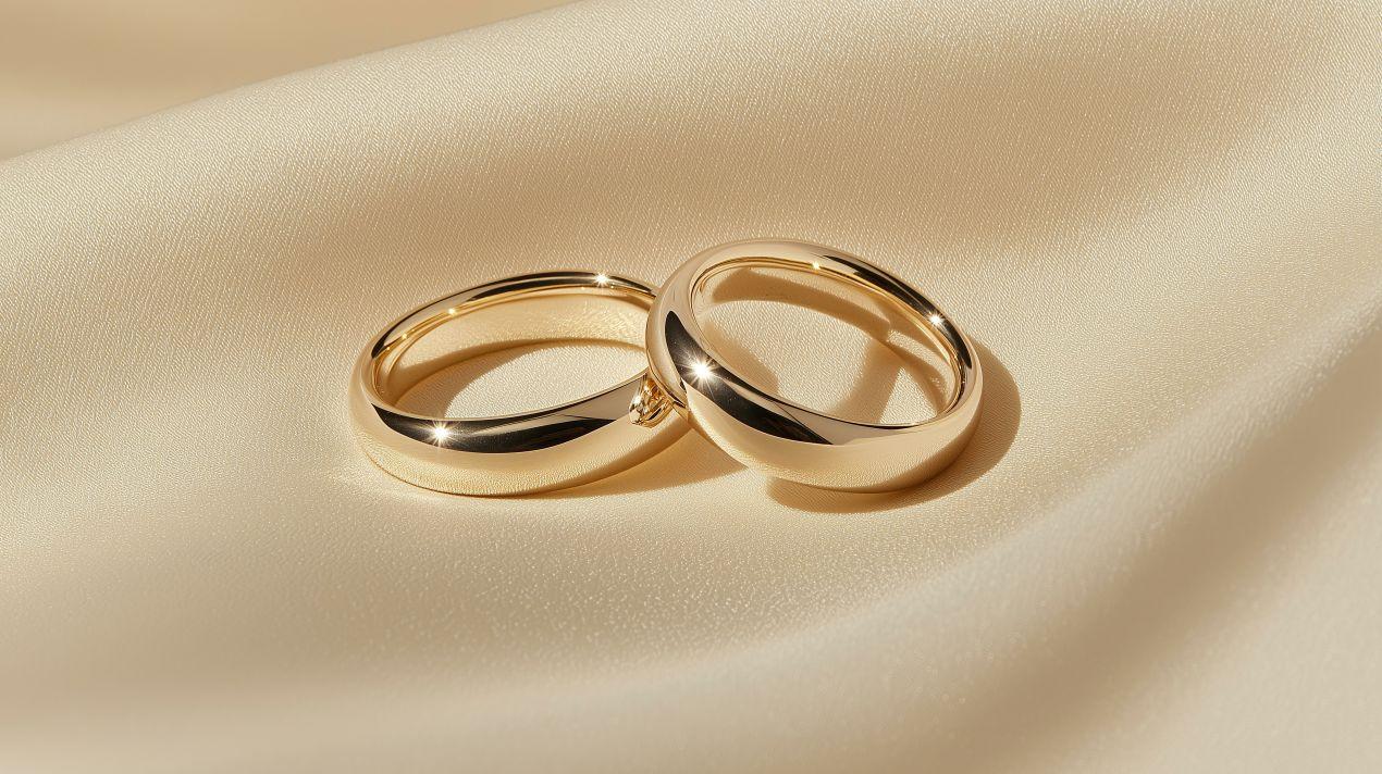 Zwei klassische Ehering Gold Modelle auf cremefarbenem Stoff mit weichem Licht.