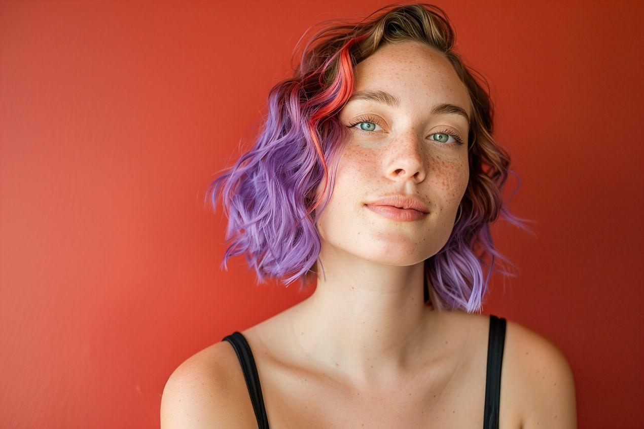 Trendiger Bob mit lila-roten Wellen – zeigt die kreative Anwendung von Clip In Extensions bei temporaeren Farbexperimenten.