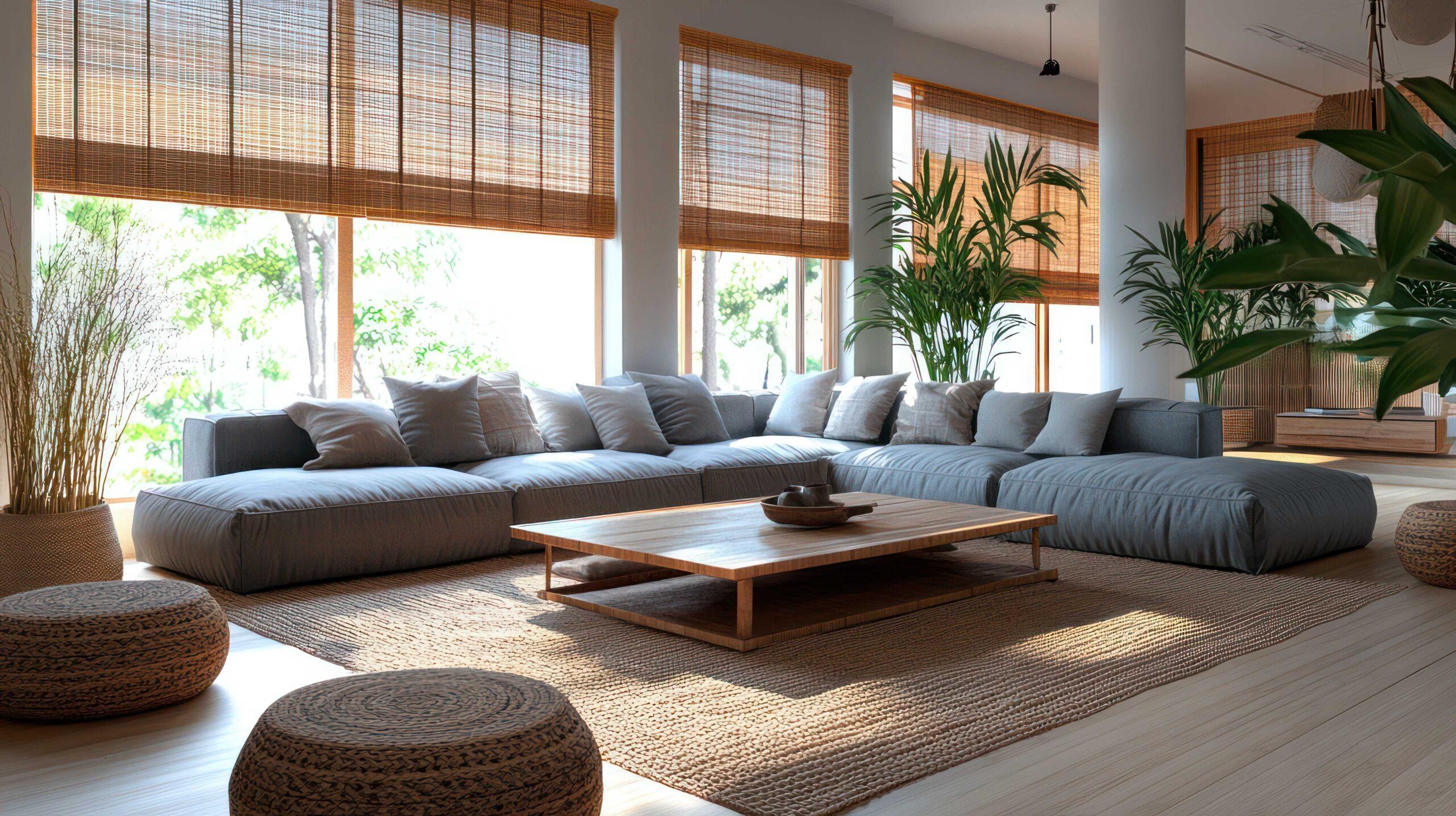 Ein großes Wohnzimmer mit einem L-förmigen grauen Sofa, einem Holztisch, Fußkissen, Bambusjalousien, einem Jute-Teppich und Pflanzen, das ein Gefühl von Ruhe im modernen Zen-Stil hervorruft.