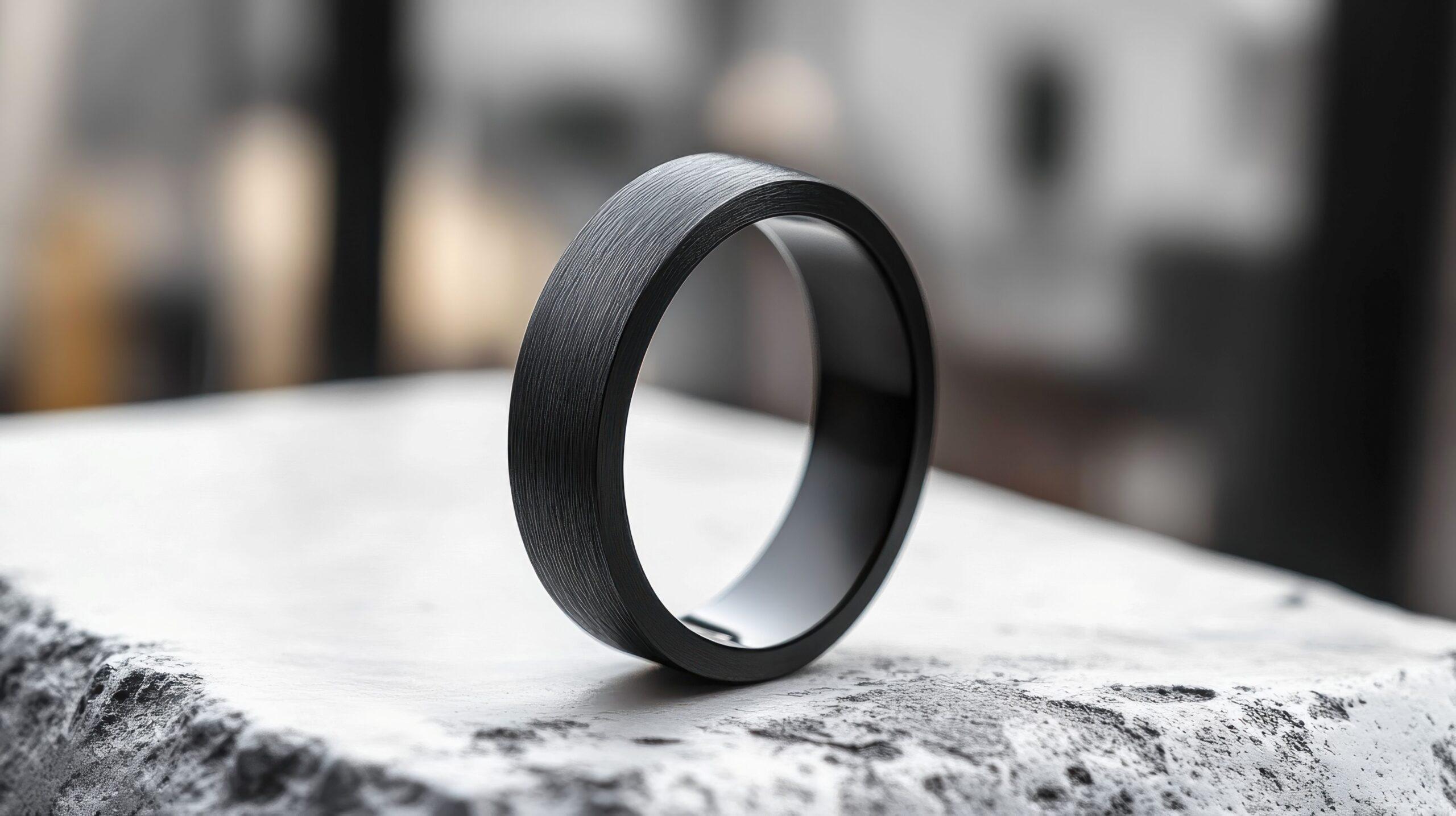 Mattschwarzer Herrenring aus Titan oder Carbon steht auf heller Steinoberfläche